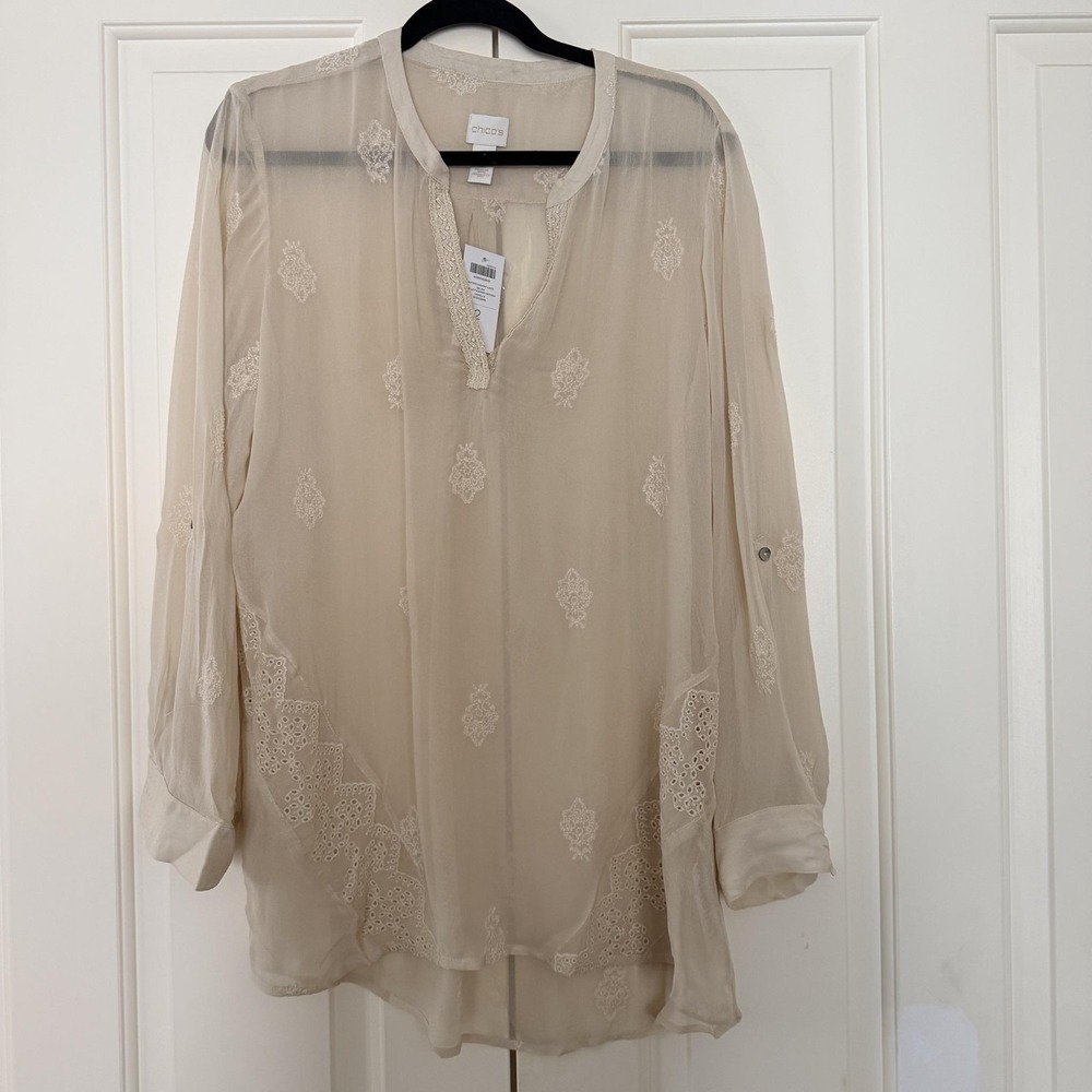 Chico's Blouse Selah 2 Ivory Embroidered Lace Sheer Tunic Top Long Sleeve Boho